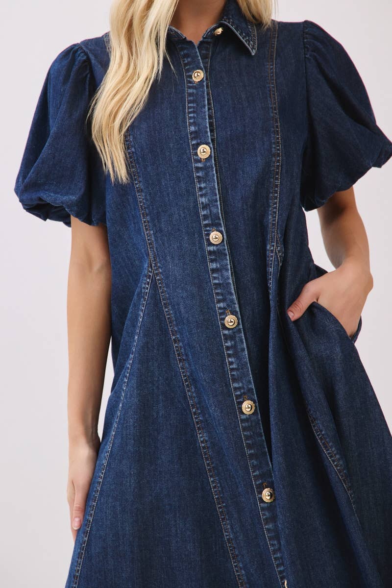 Washed Denim Button Down Maxi Dress HD3253-DARK DENIM