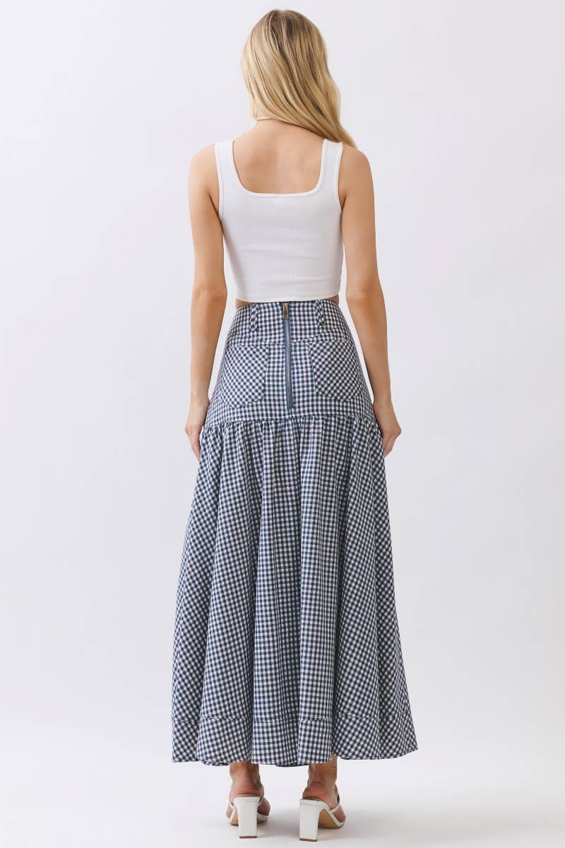 Gingham Print A-Line Maxi Skirts HS3524-NAVY