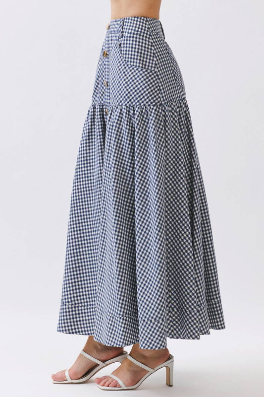 Gingham Print A-Line Maxi Skirts HS3524-NAVY