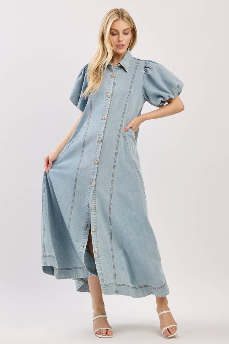 Washed Denim Button Down Maxi Dress-LIGHT DENIM