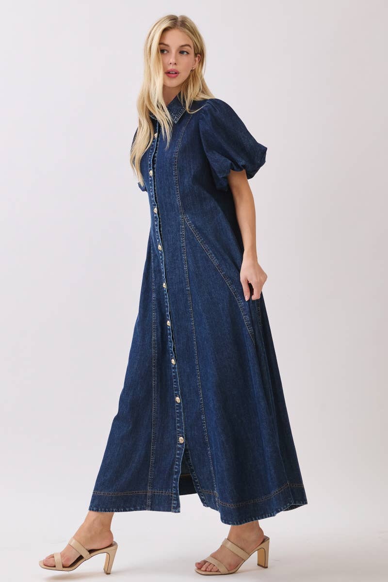Washed Denim Button Down Maxi Dress HD3253-DARK DENIM