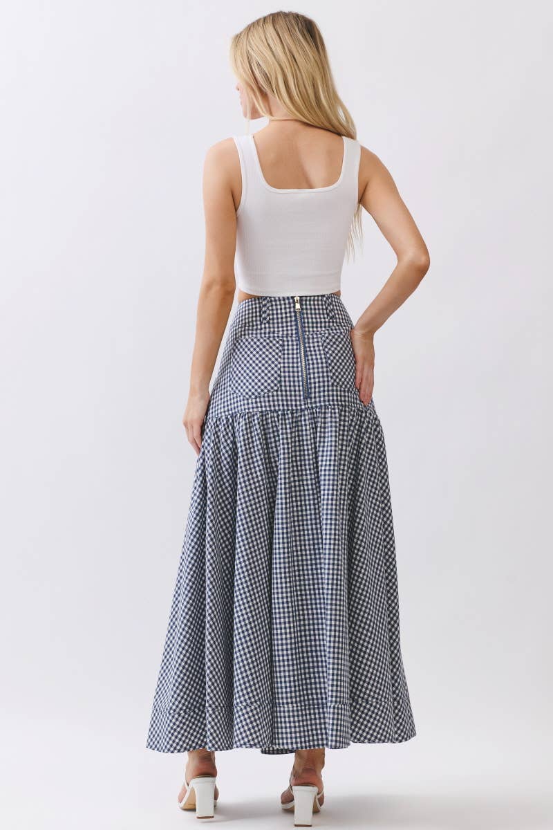 Gingham Print A-Line Maxi Skirts HS3524-NAVY
