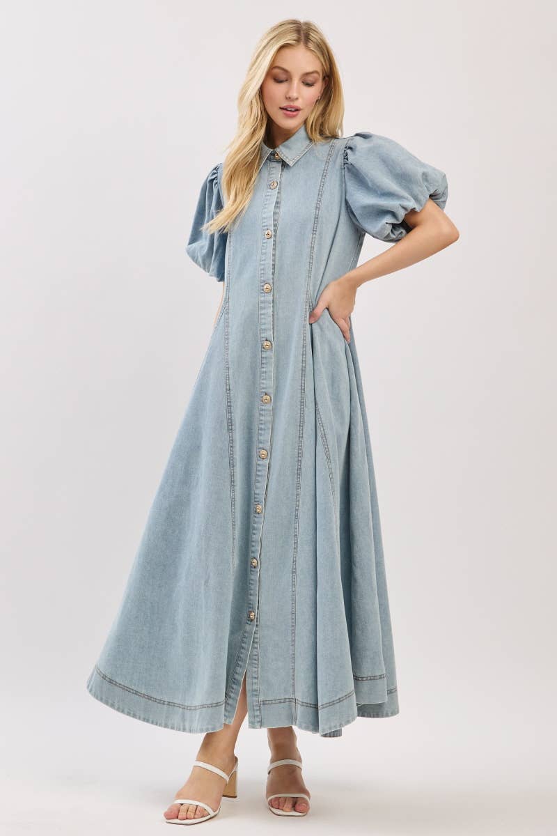 Washed Denim Button Down Maxi Dress-LIGHT DENIM