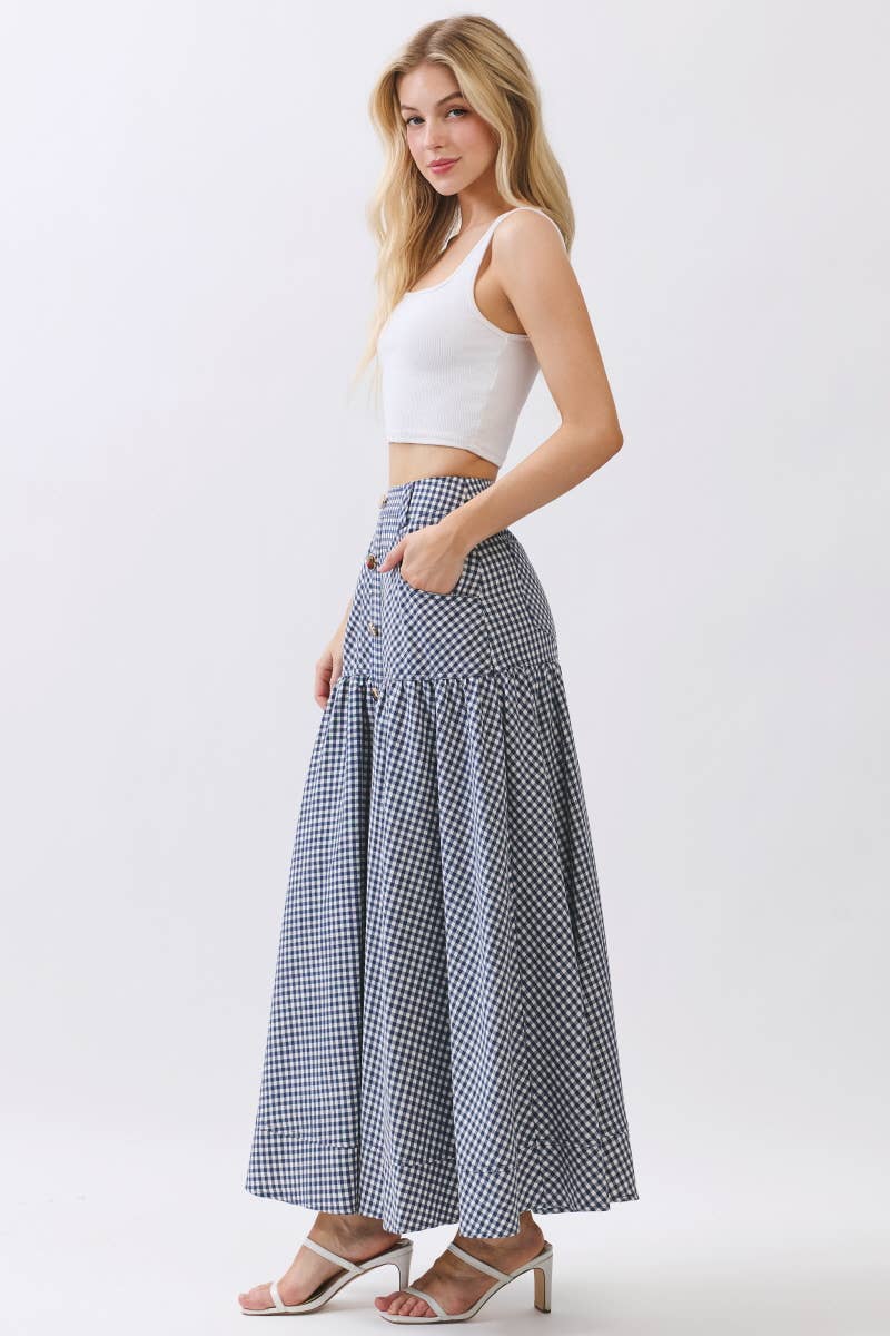 Gingham Print A-Line Maxi Skirts HS3524-NAVY