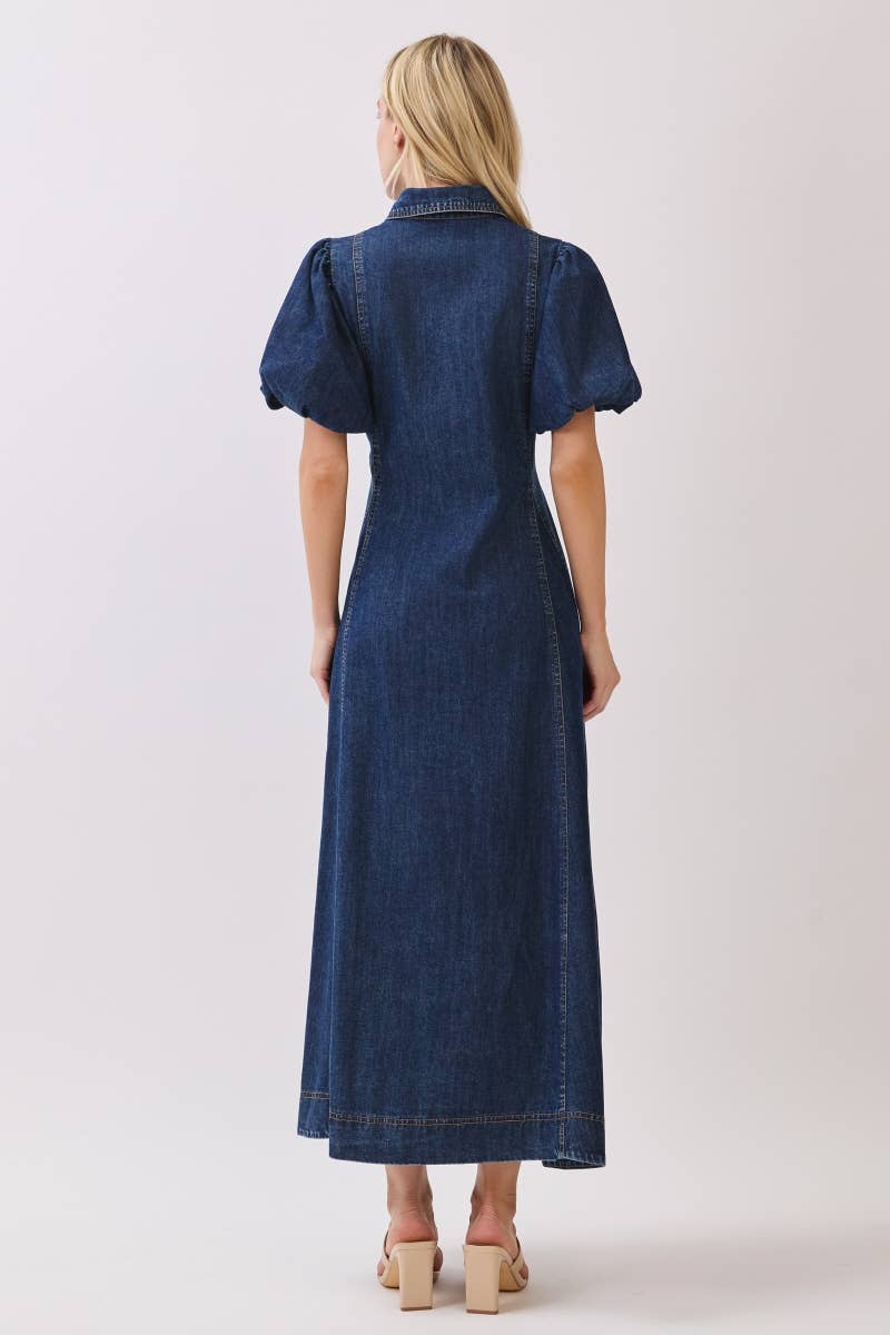 Washed Denim Button Down Maxi Dress HD3253-DARK DENIM
