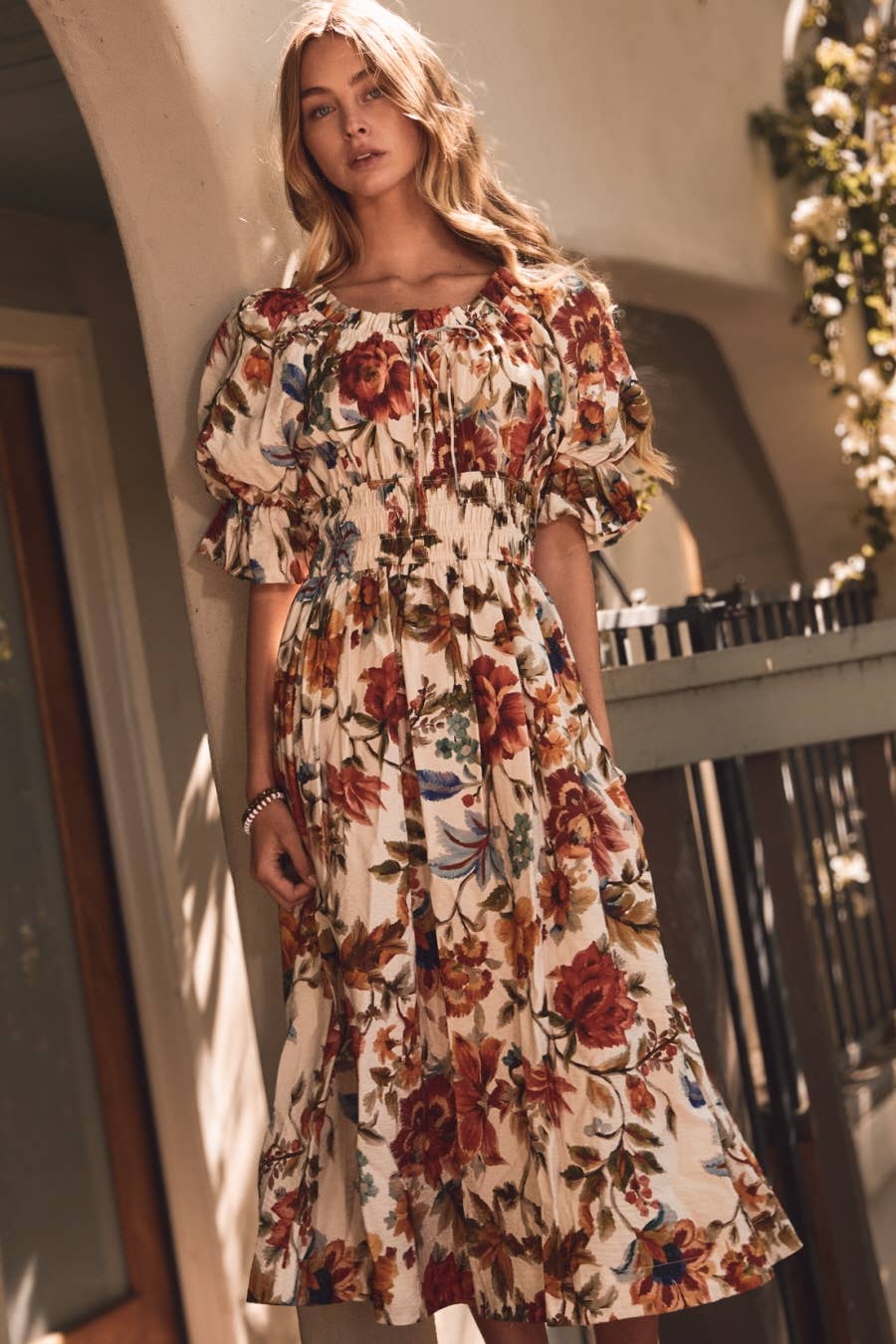 Plus Floral Printed Smocked Waist Midi Dress