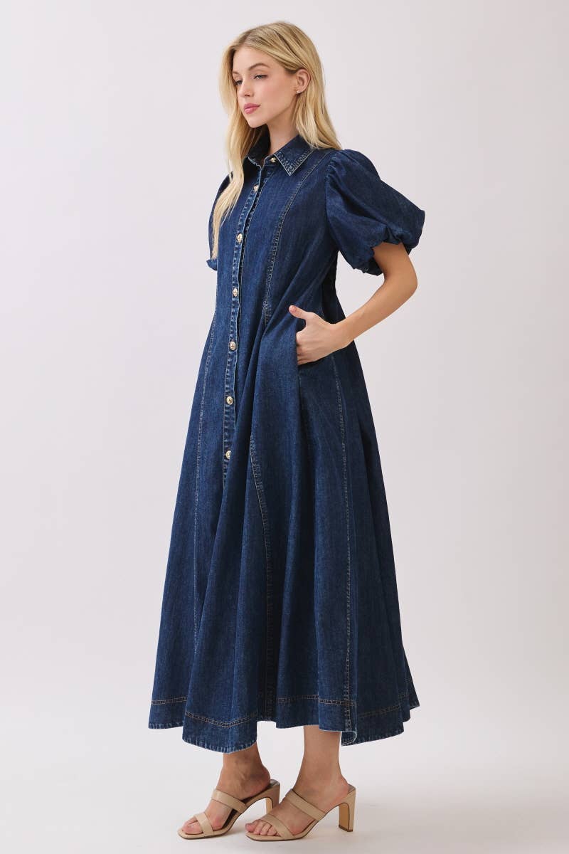 Washed Denim Button Down Maxi Dress HD3253-DARK DENIM
