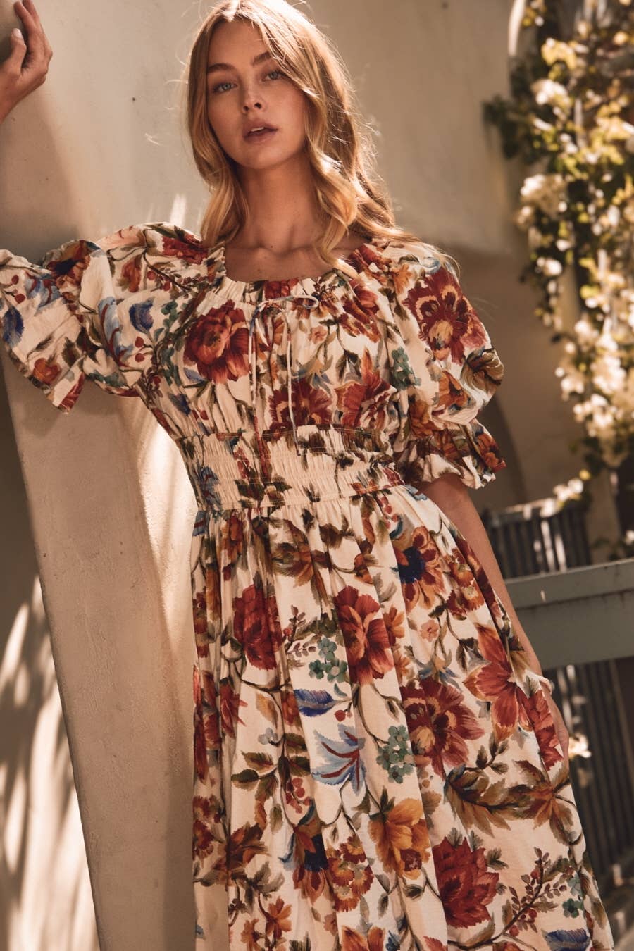 Plus Floral Printed Smocked Waist Midi Dress