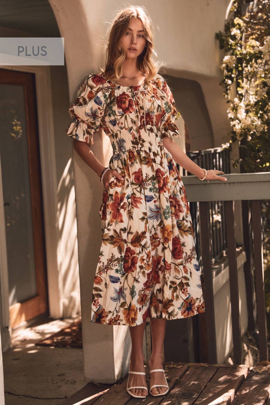 Plus Floral Printed Smocked Waist Midi Dress