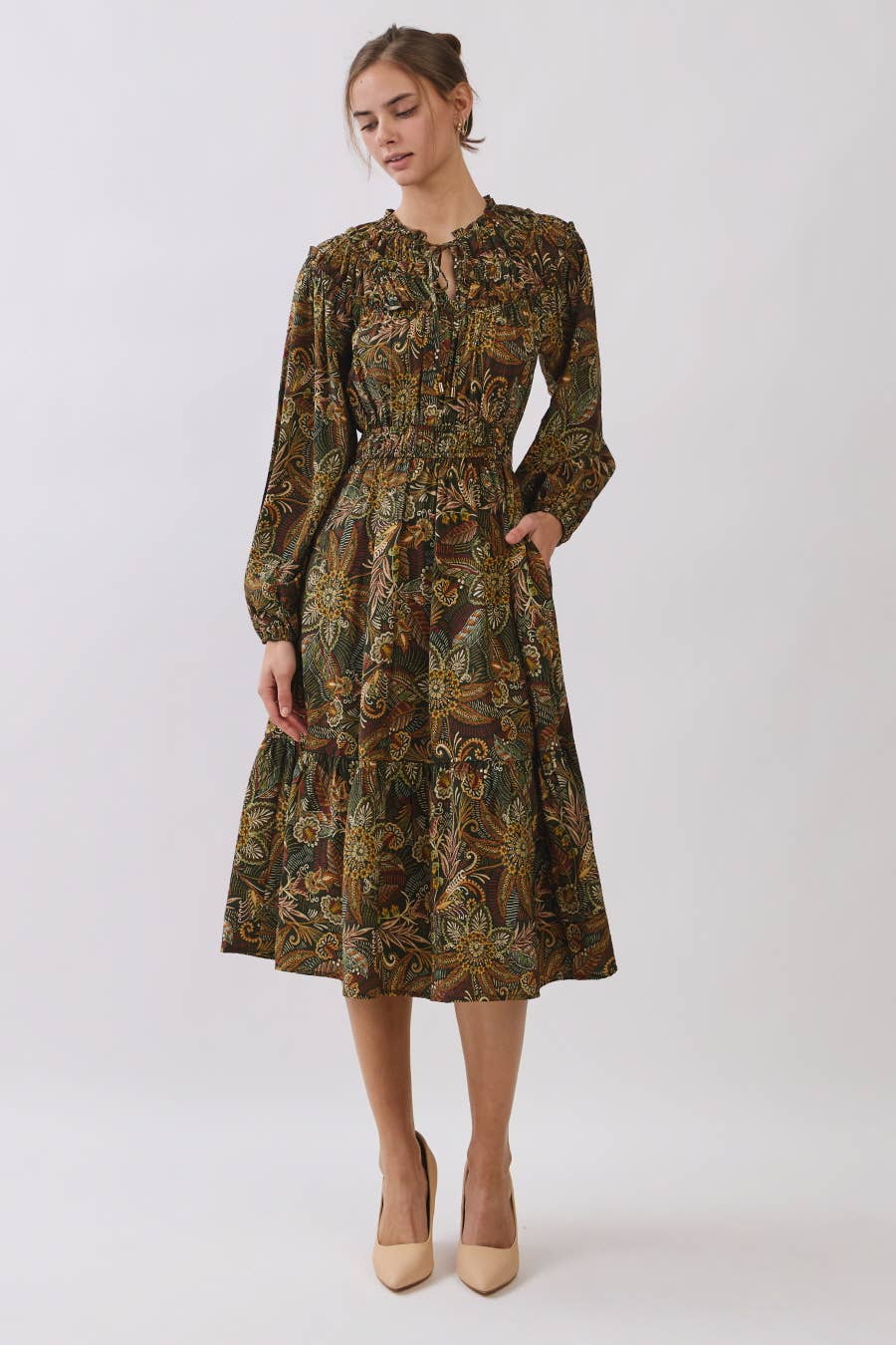 Plus Floral Paisley Print Tiered Midi Dress