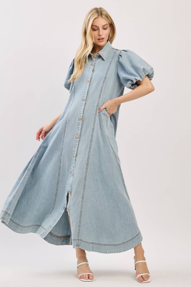 Washed Denim Button Down Maxi Dress-LIGHT DENIM