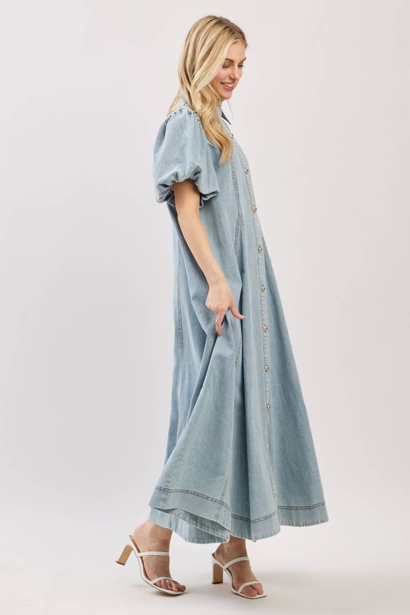 Washed Denim Button Down Maxi Dress-LIGHT DENIM