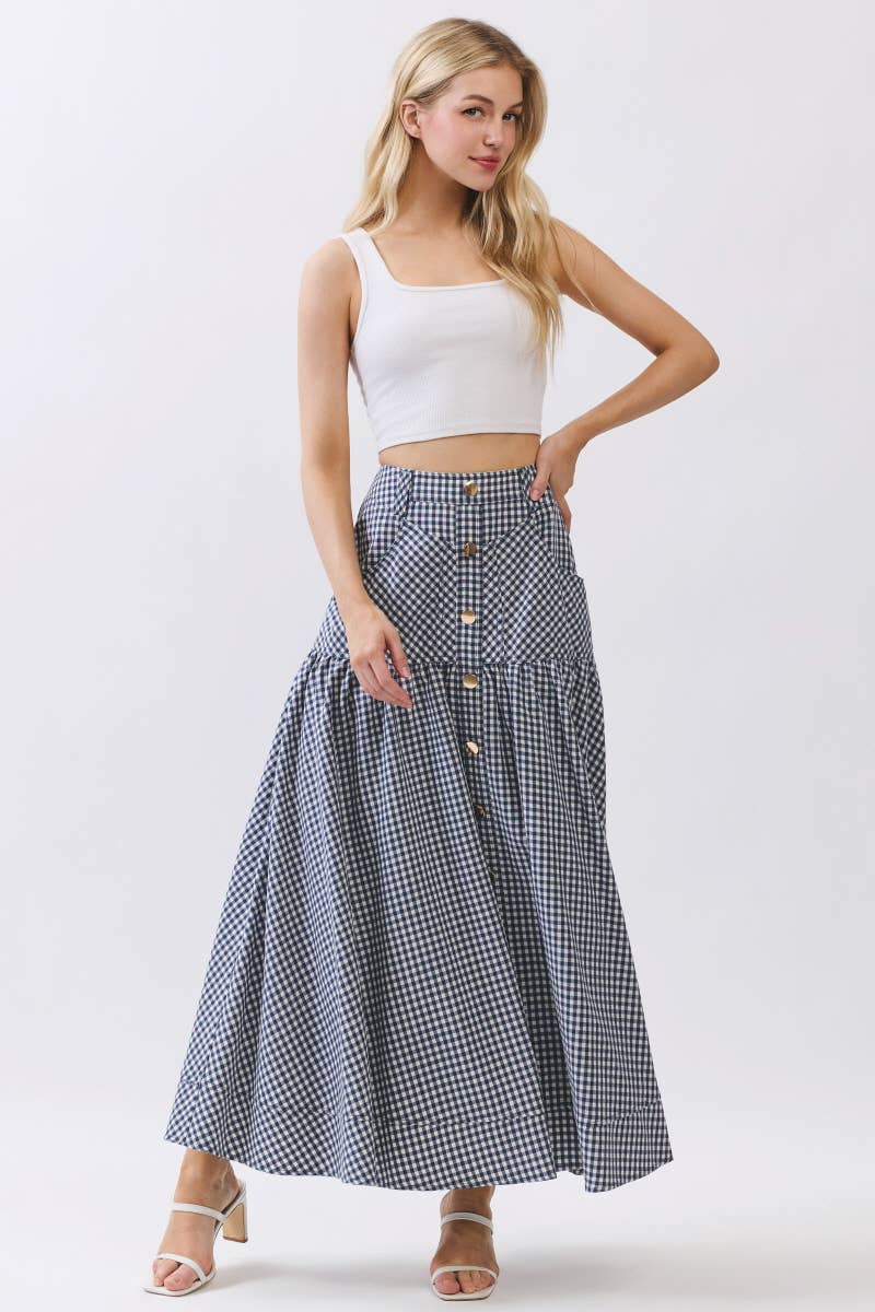 Gingham Print A-Line Maxi Skirts HS3524-NAVY
