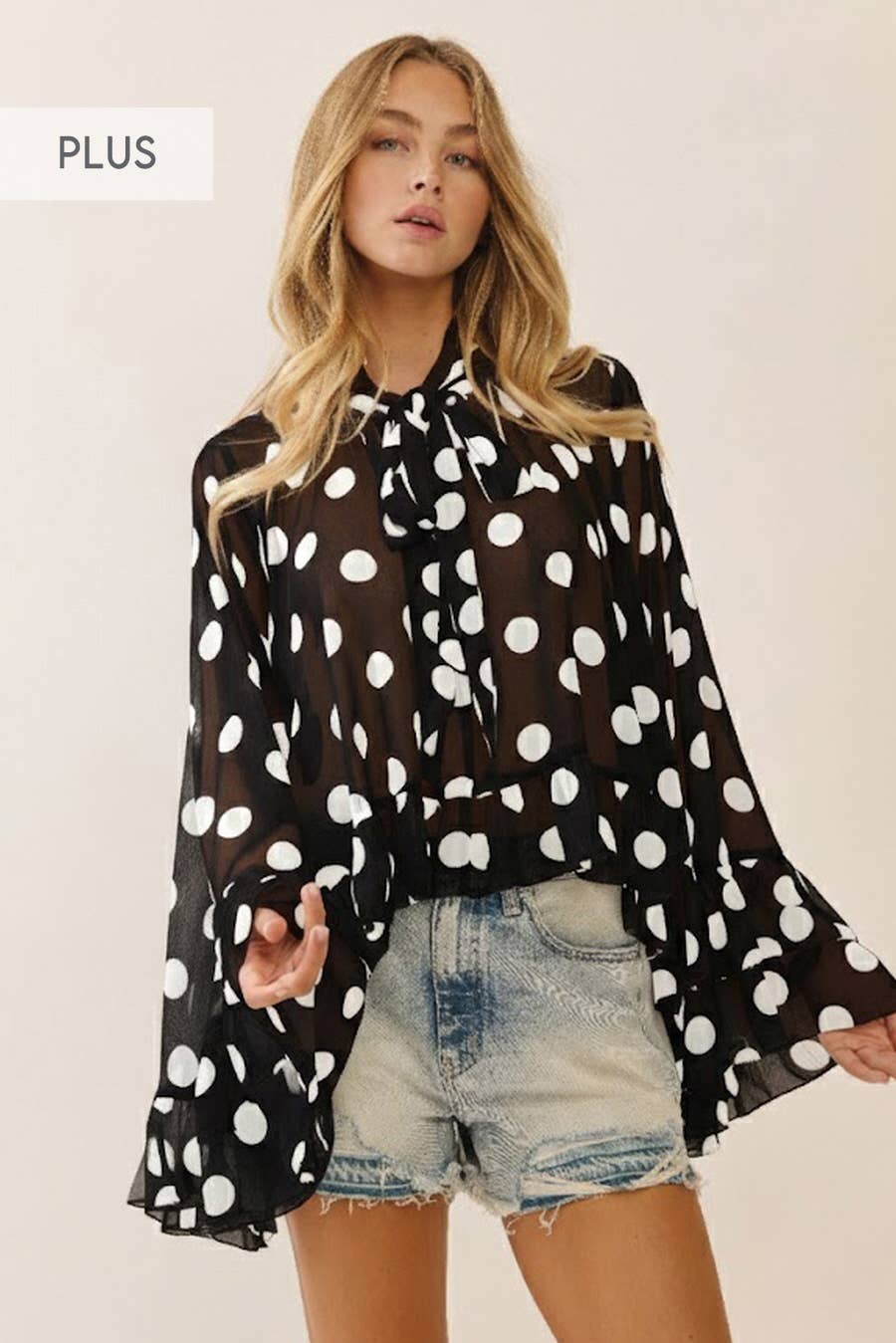 Plus Polka Dot Sheer Chiffon Ruffle Blouse