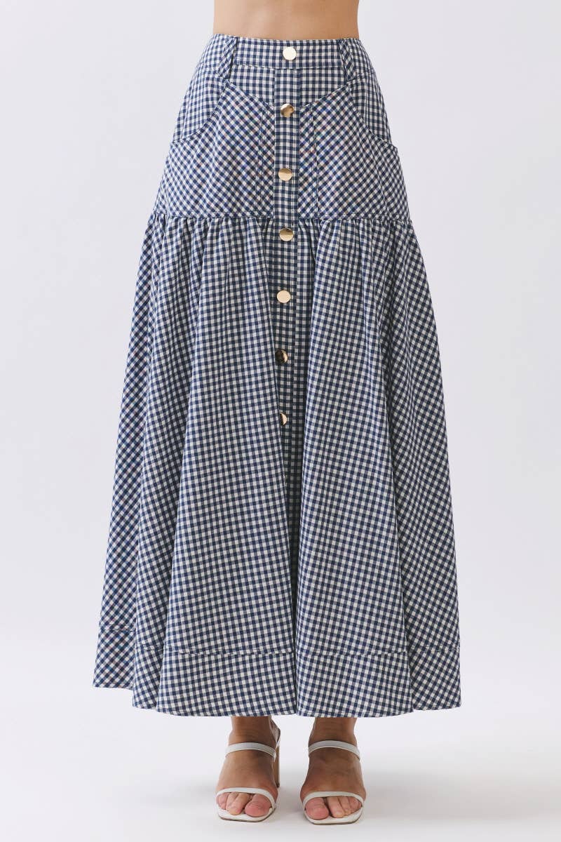 Gingham Print A-Line Maxi Skirts HS3524-NAVY