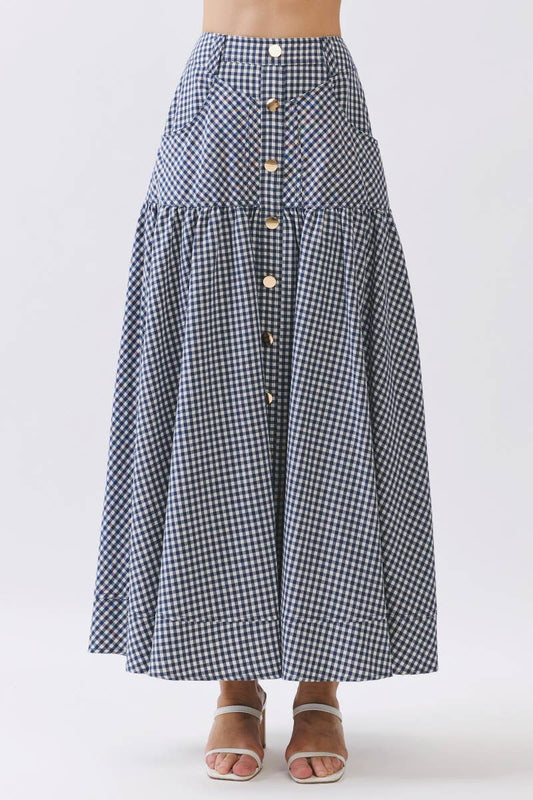 Gingham Print A-Line Maxi Skirts HS3524-NAVY