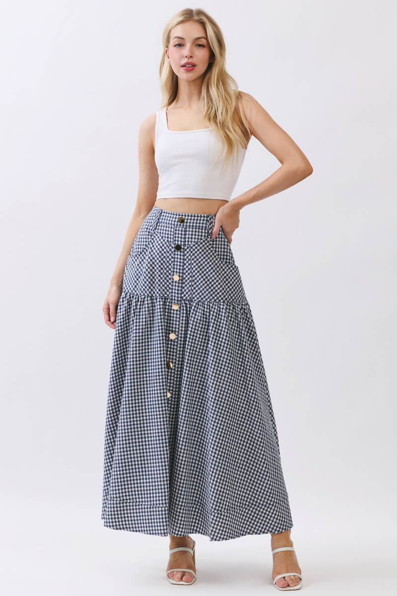 Gingham Print A-Line Maxi Skirts HS3524-NAVY