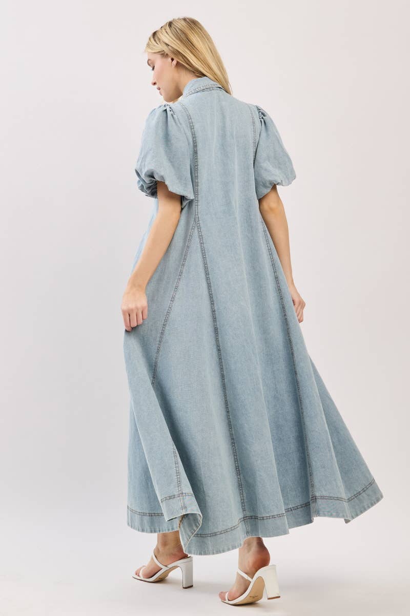 Washed Denim Button Down Maxi Dress-LIGHT DENIM
