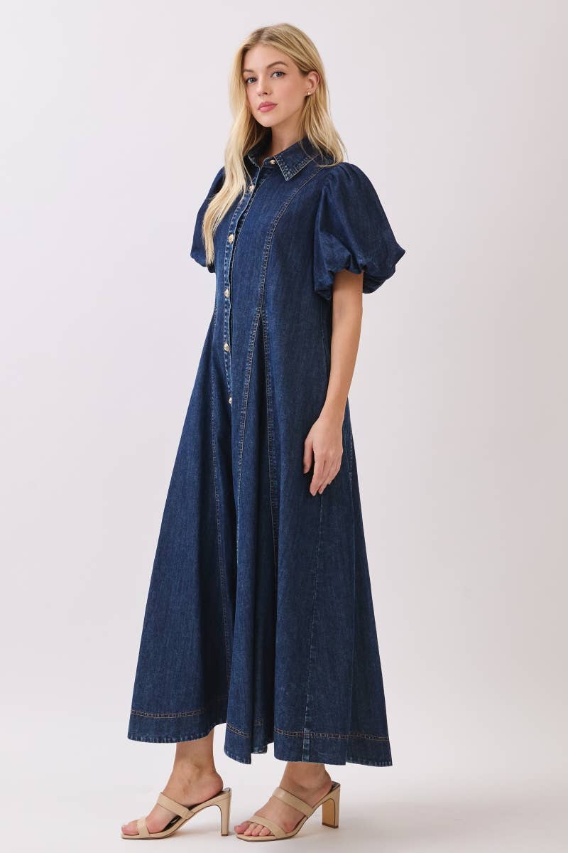 Washed Denim Button Down Maxi Dress HD3253-DARK DENIM