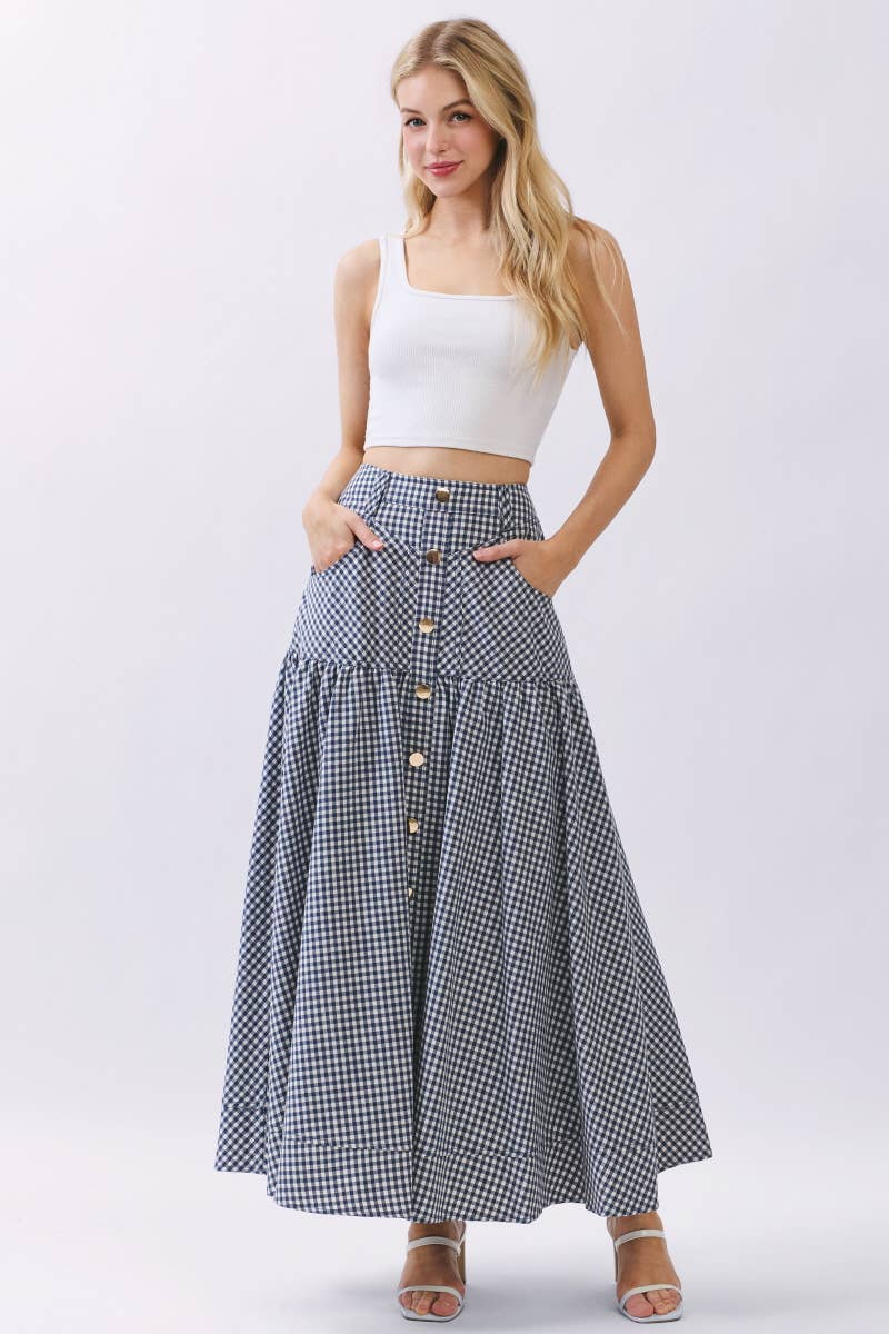 Gingham Print A-Line Maxi Skirts HS3524-NAVY
