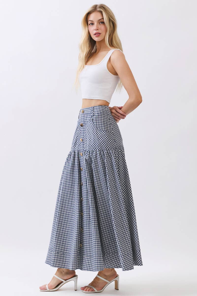 Gingham Print A-Line Maxi Skirts HS3524-NAVY