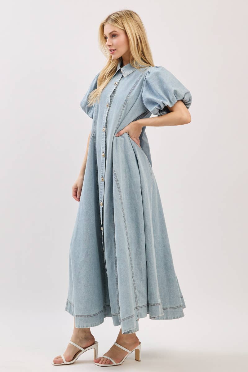 Washed Denim Button Down Maxi Dress-LIGHT DENIM