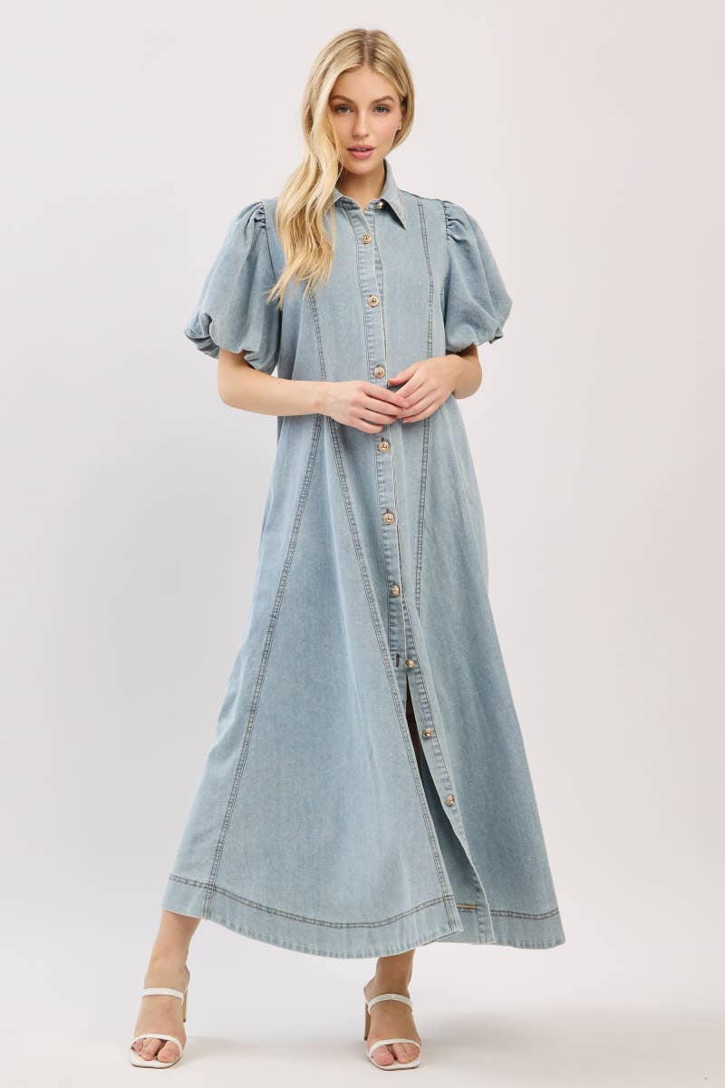 Washed Denim Button Down Maxi Dress-LIGHT DENIM