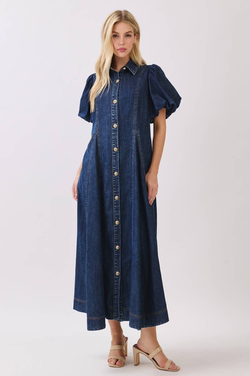 Washed Denim Button Down Maxi Dress HD3253-DARK DENIM