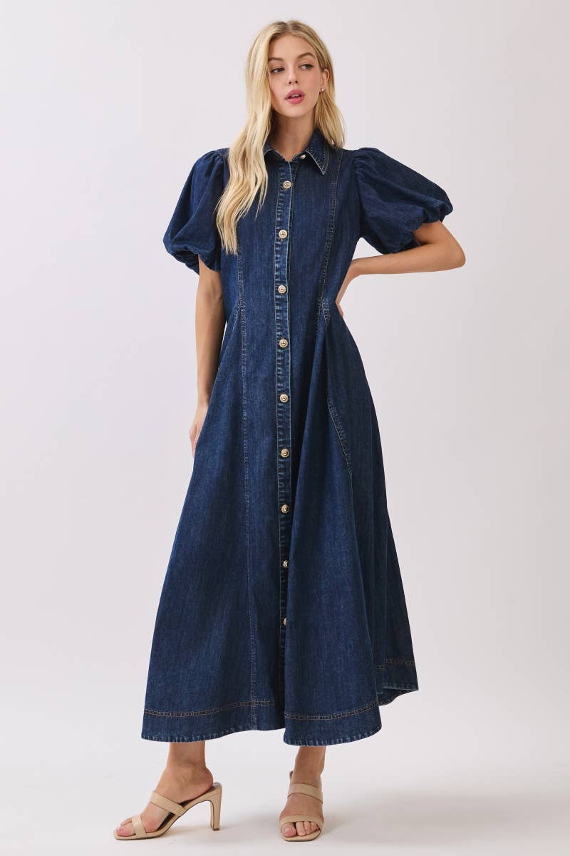 Washed Denim Button Down Maxi Dress HD3253-DARK DENIM