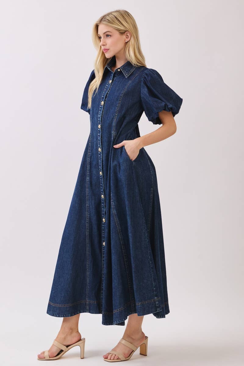 Washed Denim Button Down Maxi Dress HD3253-DARK DENIM