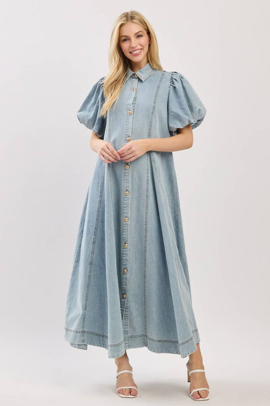 Washed Denim Button Down Maxi Dress-LIGHT DENIM