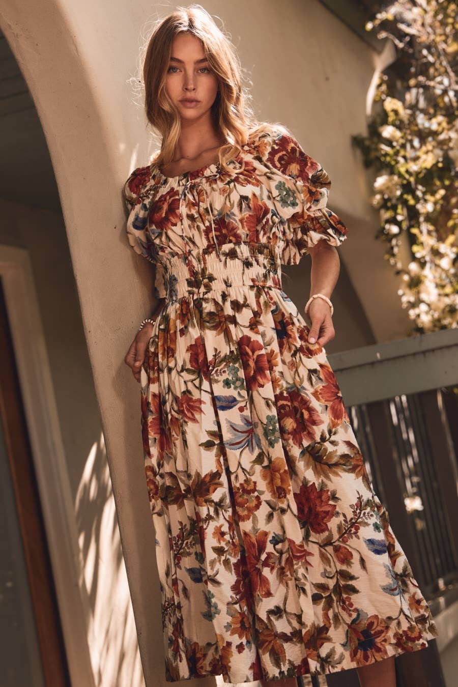 Plus Floral Printed Smocked Waist Midi Dress