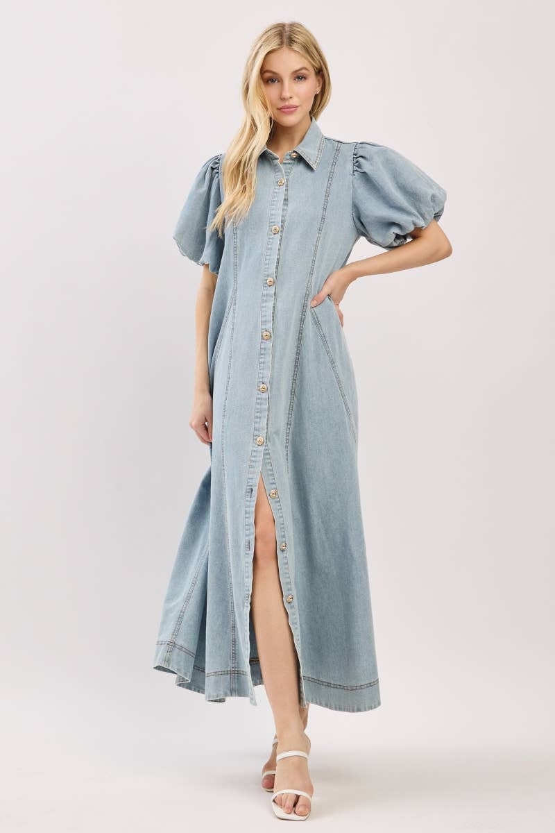 Washed Denim Button Down Maxi Dress-LIGHT DENIM