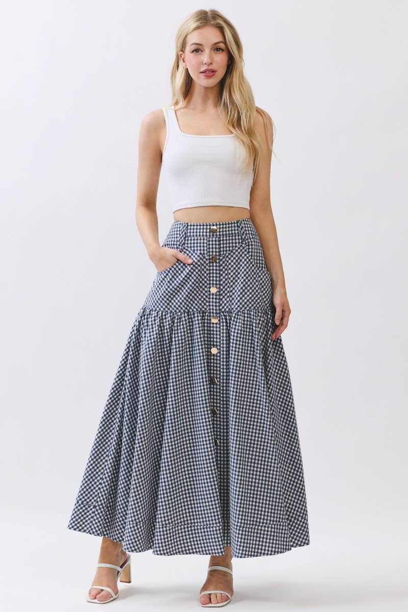 Gingham Print A-Line Maxi Skirts HS3524-NAVY