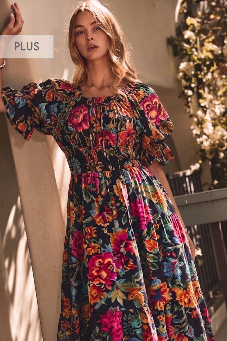 Plus Floral Printed Smocked Waist Midi Dress