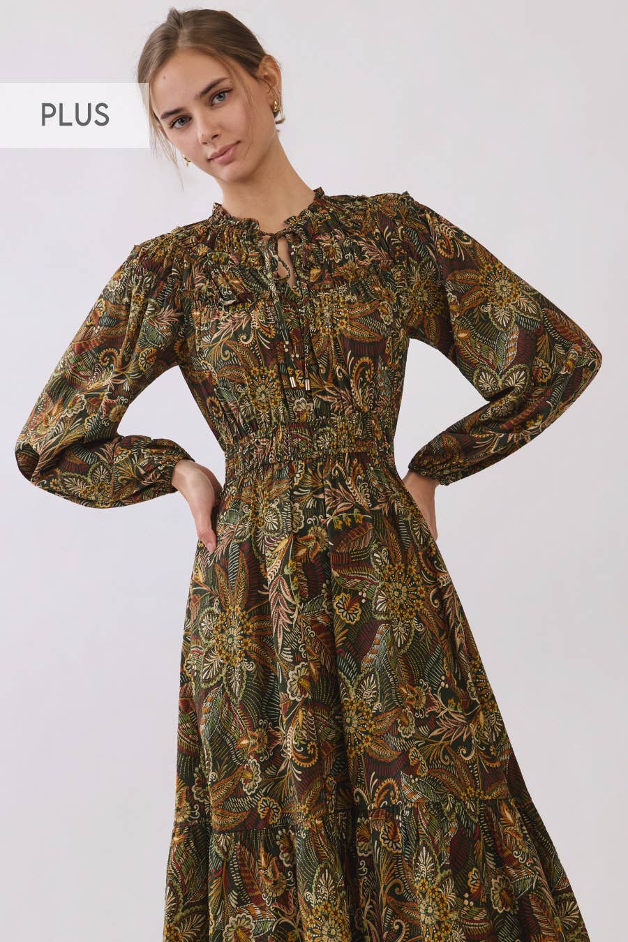 Plus Floral Paisley Print Tiered Midi Dress