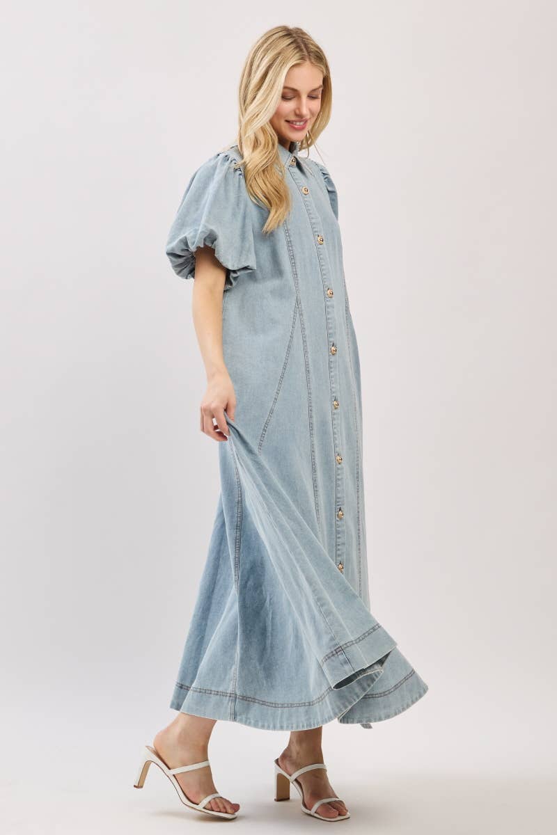 Washed Denim Button Down Maxi Dress-LIGHT DENIM