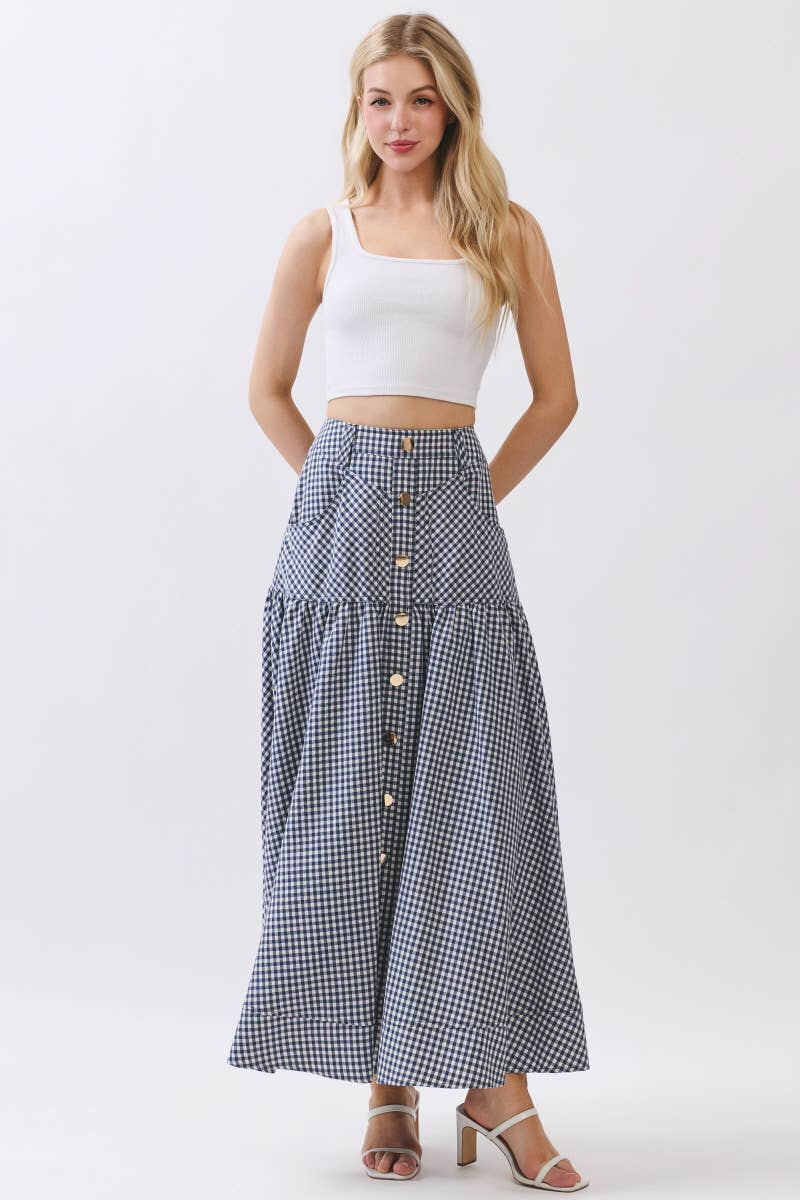 Gingham Print A-Line Maxi Skirts HS3524-NAVY