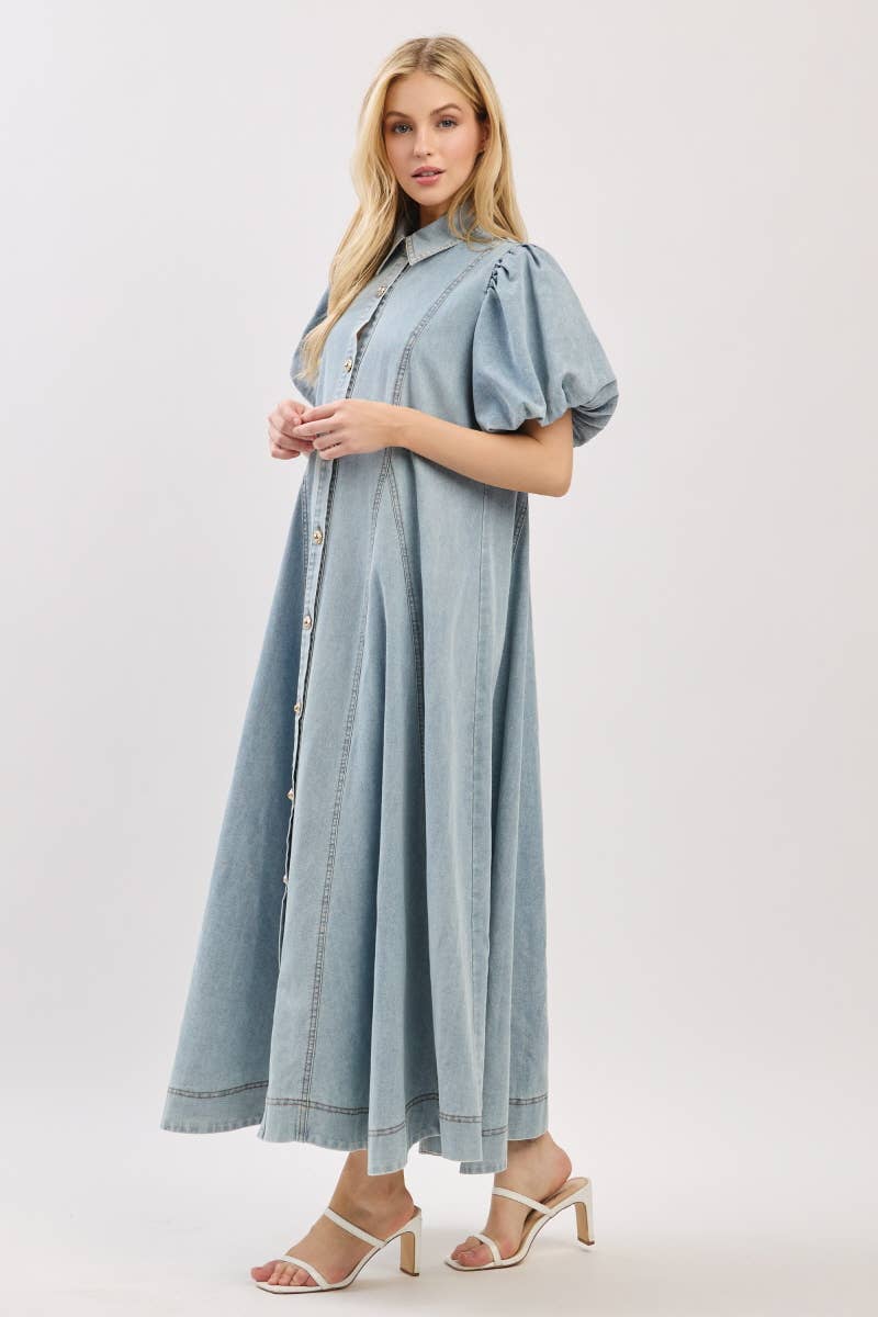 Washed Denim Button Down Maxi Dress-LIGHT DENIM