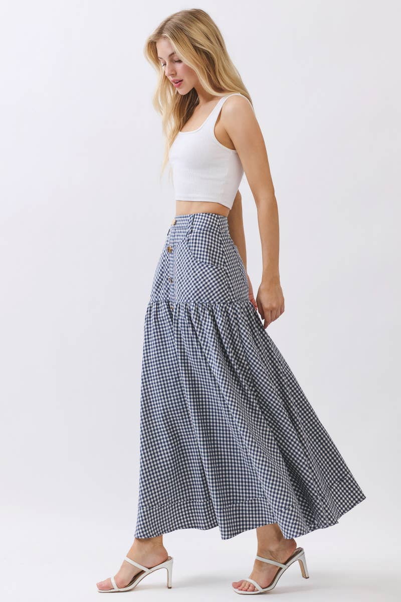 Gingham Print A-Line Maxi Skirts HS3524-NAVY