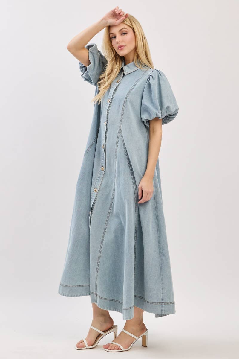 Washed Denim Button Down Maxi Dress-LIGHT DENIM