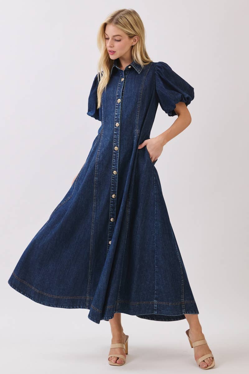 Washed Denim Button Down Maxi Dress HD3253-DARK DENIM