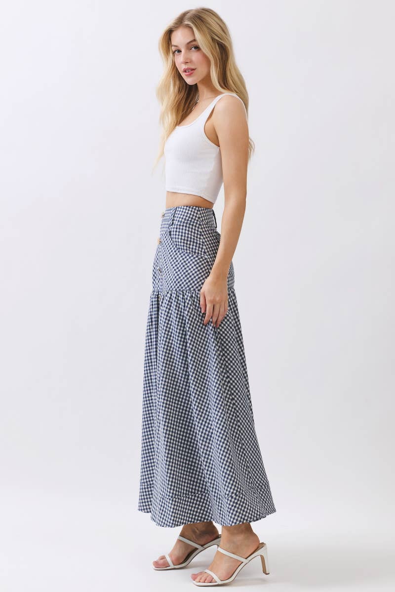 Gingham Print A-Line Maxi Skirts HS3524-NAVY