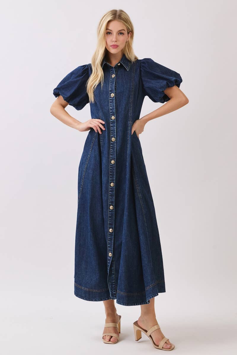 Washed Denim Button Down Maxi Dress HD3253-DARK DENIM
