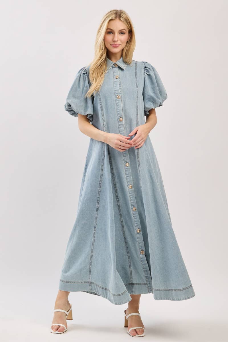 Washed Denim Button Down Maxi Dress-LIGHT DENIM