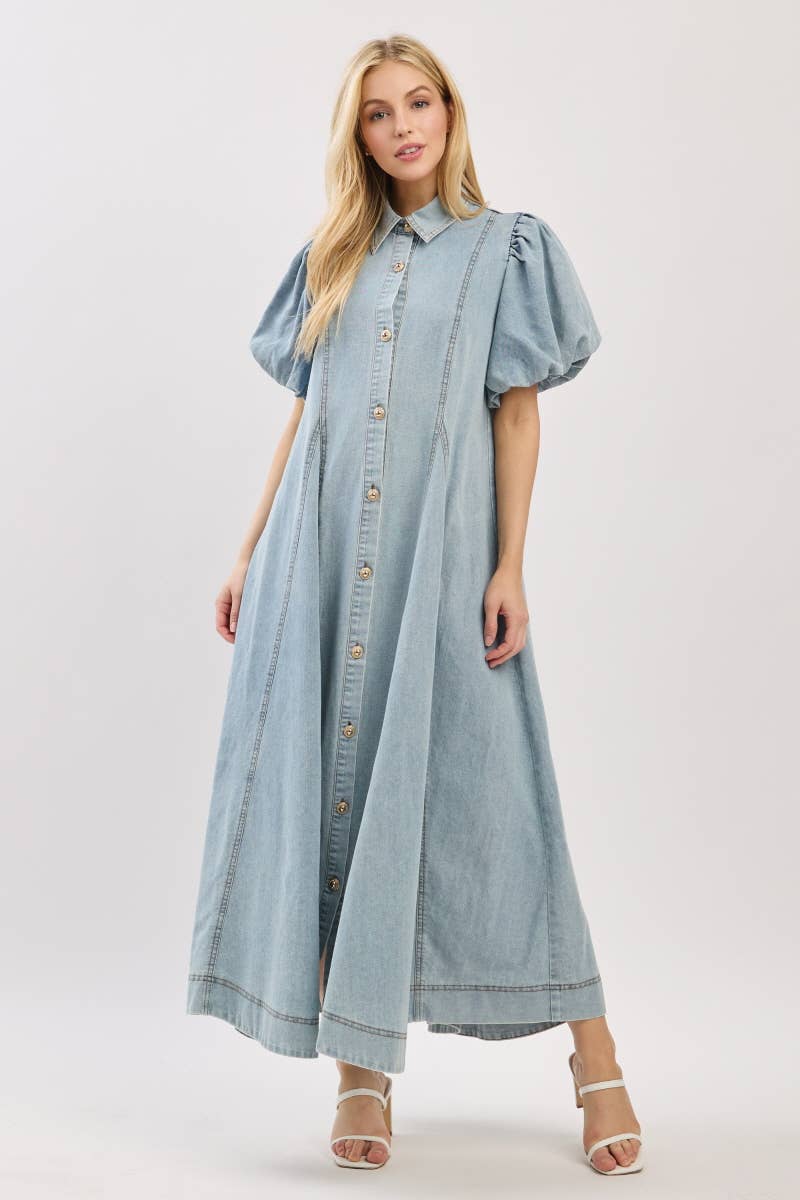 Washed Denim Button Down Maxi Dress-LIGHT DENIM
