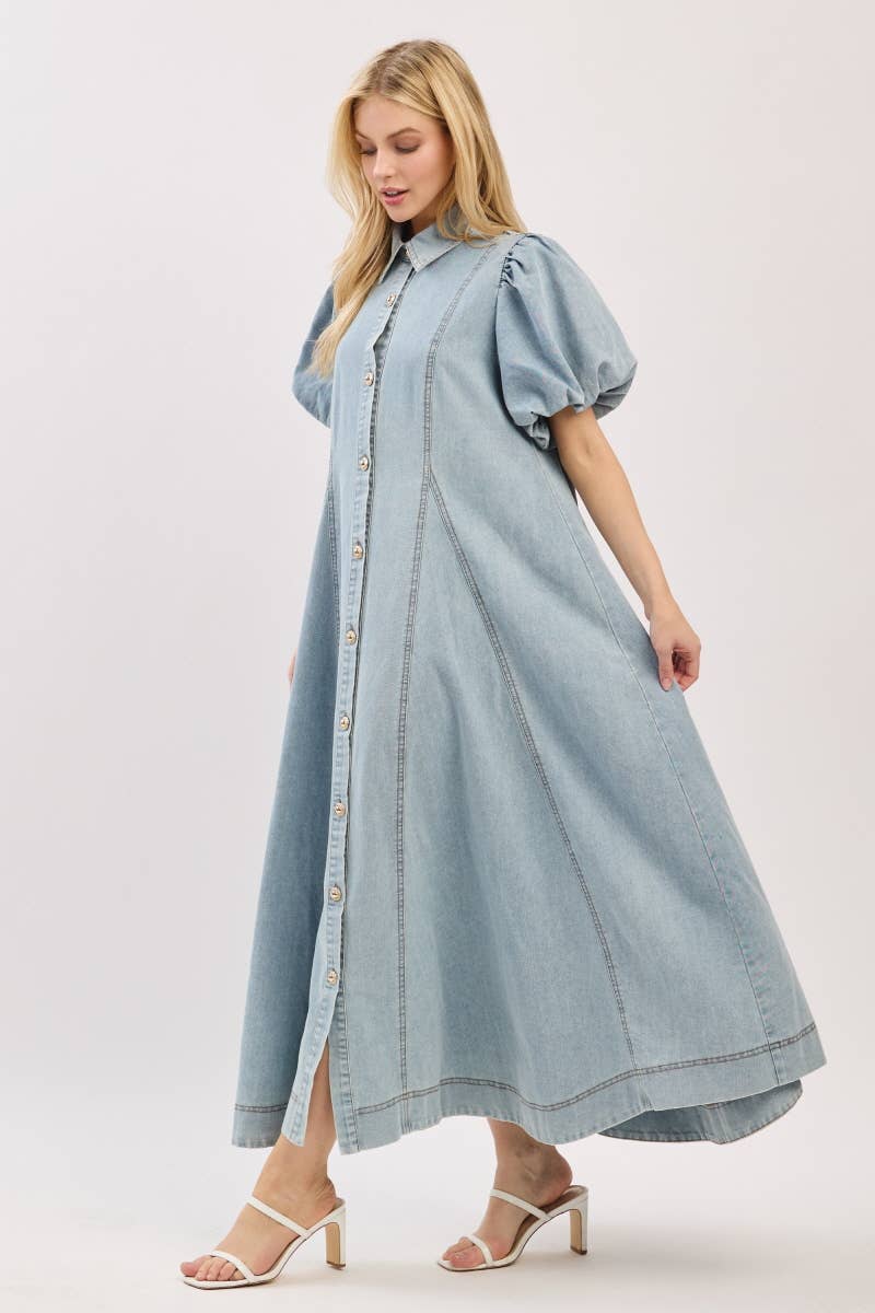 Washed Denim Button Down Maxi Dress-LIGHT DENIM