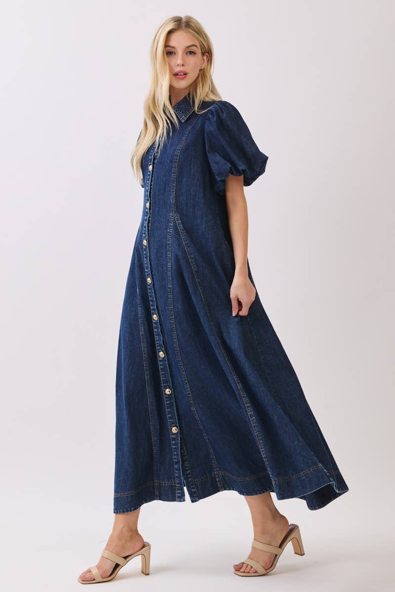 Washed Denim Button Down Maxi Dress HD3253-DARK DENIM