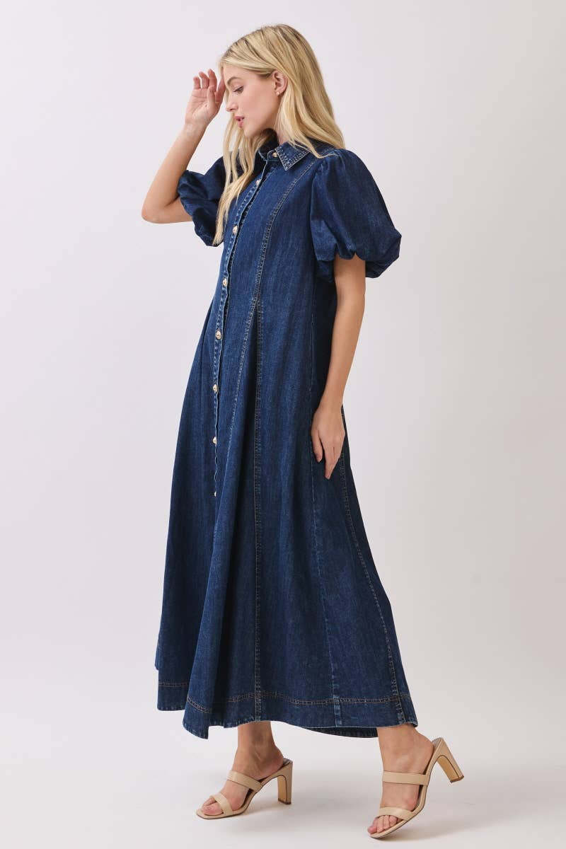Washed Denim Button Down Maxi Dress HD3253-DARK DENIM