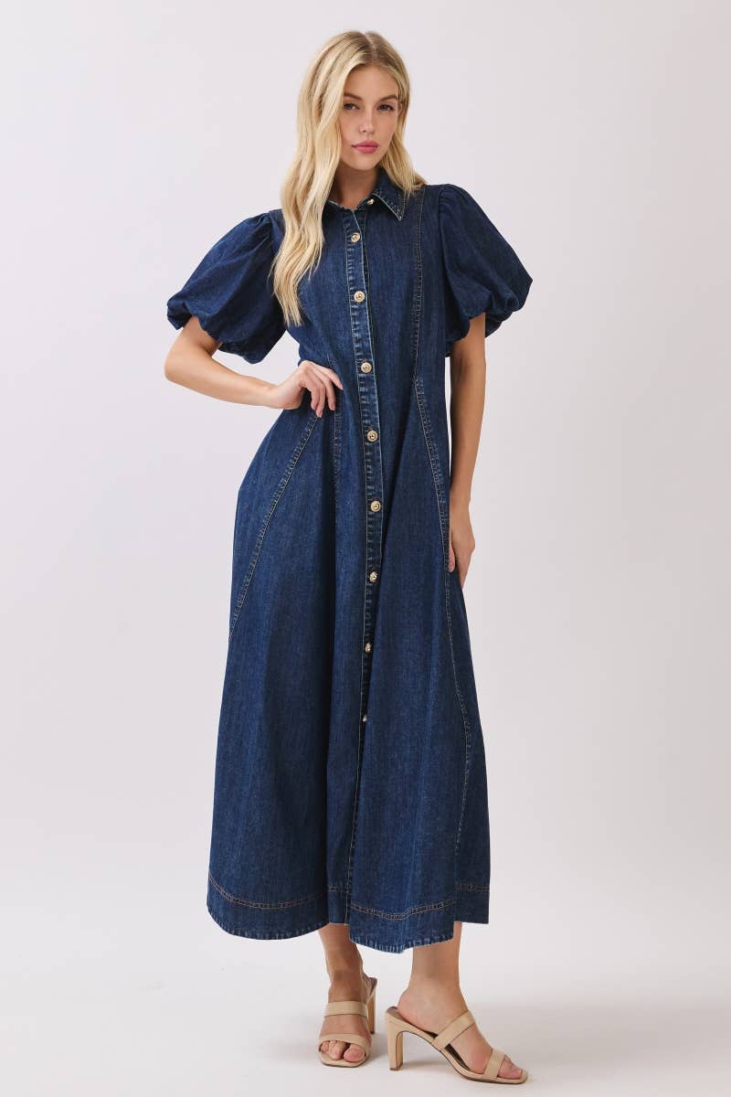 Washed Denim Button Down Maxi Dress HD3253-DARK DENIM